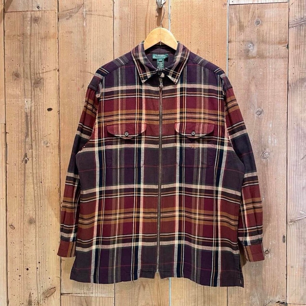 Men Ralph Lauren Plaid Flannel Lumberjack Shirt Jacket Top Zip up Long Sleeve